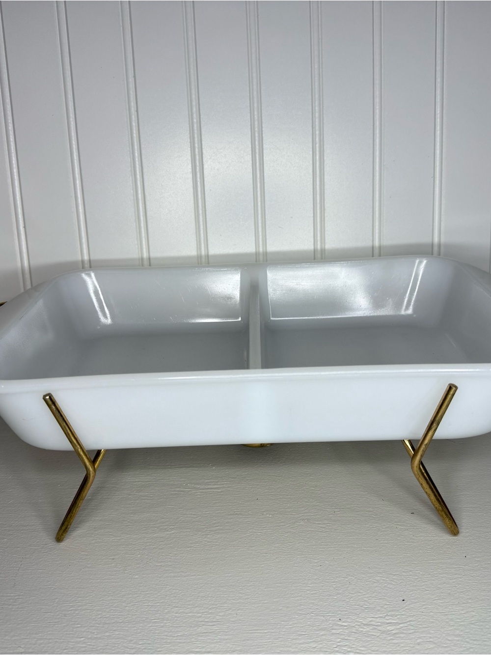 Glasbake Classic White J-263 Rectangle Divided Dish Casserole on Warmer Stand